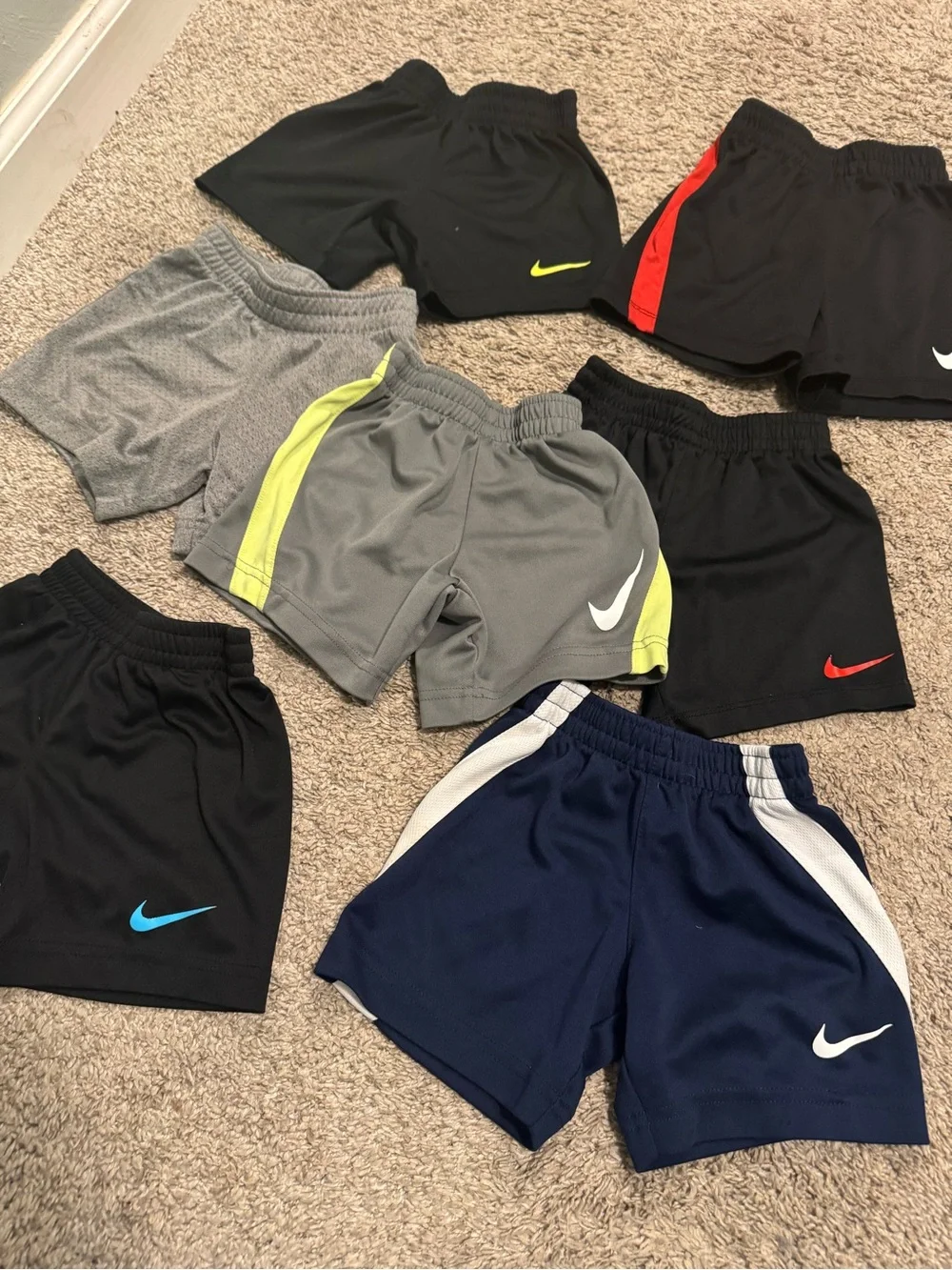 Nike (set of 7) Kids Athletic Shorts - Black, Gray, Navy, Red, Yellow Accents